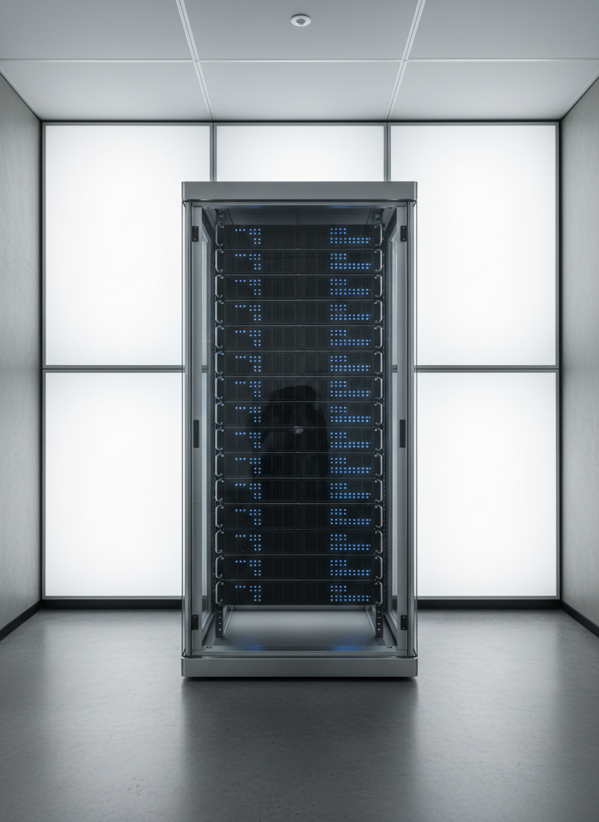 A refined glass and brushed metal server rack, displaying softly glowing blue indicator lights against a slate-grey background, represents digital security and high reliability. The rack sits neatly in an impeccably organized, minimalist server room with polished concrete floors and luminous, neutral-toned wall panels. Overhead, diffused cool LED lighting casts sleek reflections along the glass, creating clean highlights while subtle shadows stretch behind the edges. The atmosphere is calm, precise, and trustworthy. Framed from an eye-level angle with a centered, balanced composition, sharp focus highlights every detail of the server. The style is photographic realism, modern, and highly structured, reflecting the portal’s commitment to advanced technology and corporate professionalism.