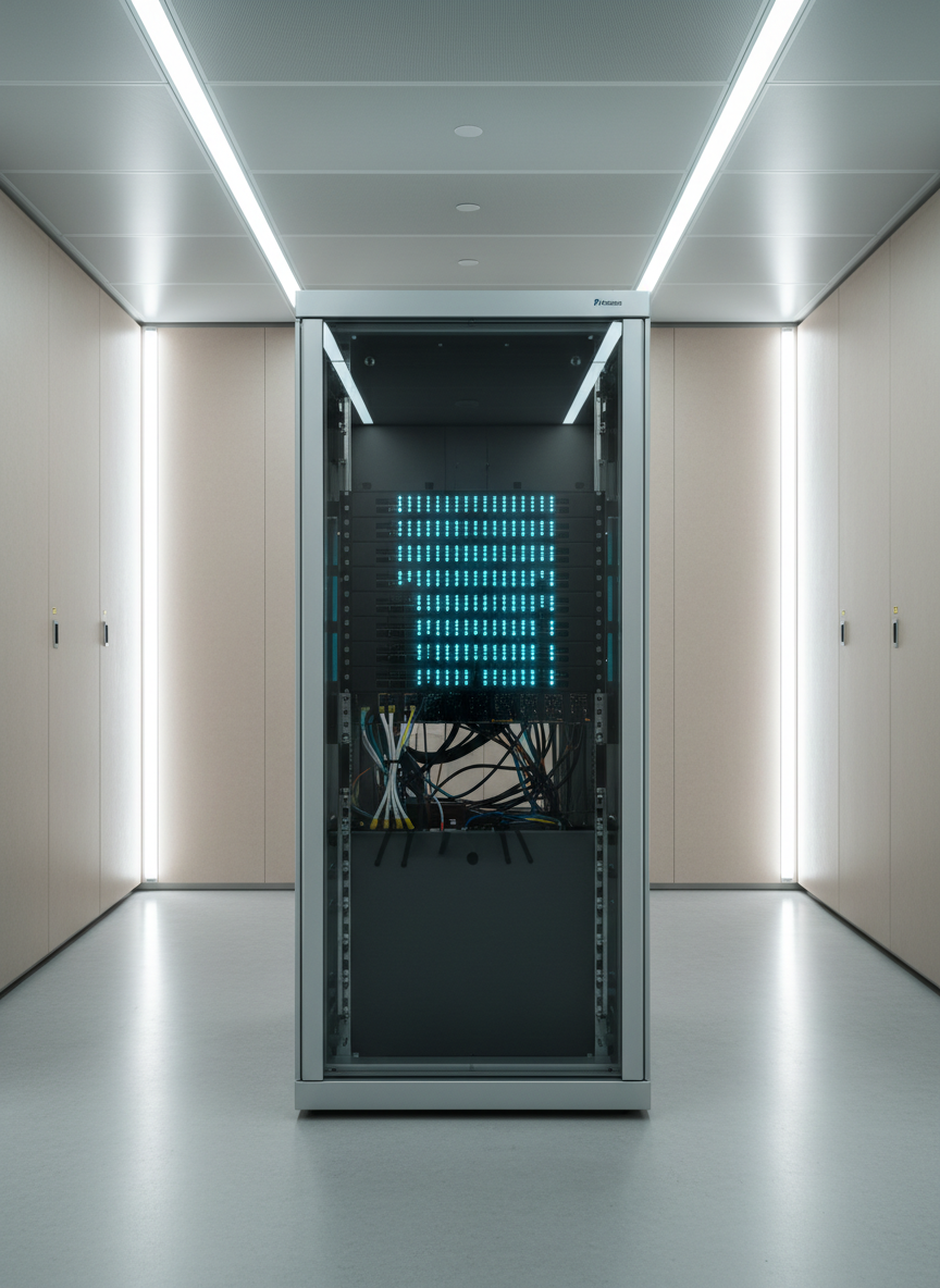 A refined glass and brushed metal server rack, displaying softly glowing blue indicator lights against a slate-grey background, represents digital security and high reliability. The rack sits neatly in an impeccably organized, minimalist server room with polished concrete floors and luminous, neutral-toned wall panels. Overhead, diffused cool LED lighting casts sleek reflections along the glass, creating clean highlights while subtle shadows stretch behind the edges. The atmosphere is calm, precise, and trustworthy. Framed from an eye-level angle with a centered, balanced composition, sharp focus highlights every detail of the server. The style is photographic realism, modern, and highly structured, reflecting the portal’s commitment to advanced technology and corporate professionalism.