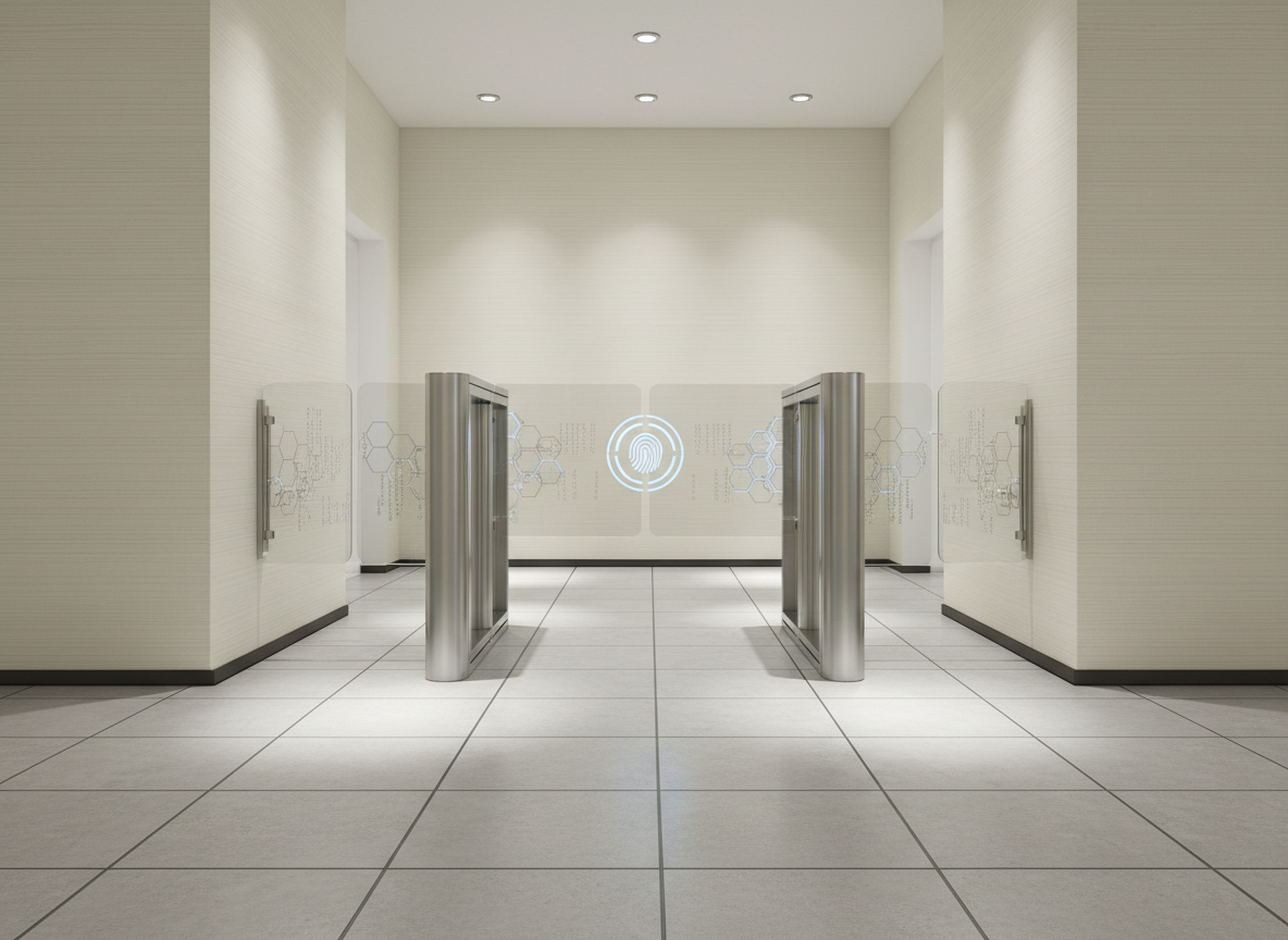 An elegant glass and aluminum security gate set seamlessly into a minimalist office entranceway, featuring a glowing biometric scanner and subtle etched patterns that evoke digital encryption. The surrounding space features neutral walls with fine linear textures and a structured tile floor, exuding sophistication and vision. Discrete ceiling spotlights create precise pools of light, highlighting the scanner and casting soft, geometric shadows on the floor. Captured from a straight-on, centered angle with symmetrical framing, the mood is confident, secure, and high-tech, ideal for conveying the advanced, trustworthy ethos of a modern digital portal. The photographic, clean lines and neutral palette align perfectly with an upmarket corporate image.