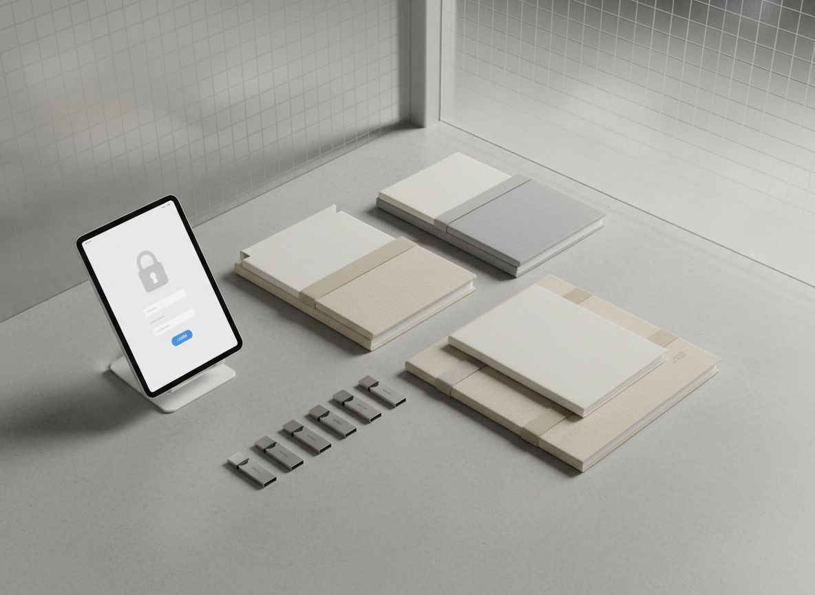 A collection of neat, neutral-toned portfolio folders and slim, brushed aluminum USB drives artfully arranged on a smooth, light concrete surface. Beside them, an ultra-modern white digital tablet displays a clear, secure login screen. The workspace is framed by the architectural edge of a frosted glass partition, suggesting transparency and structured order. Gentle, indirect pendant lighting from above creates smooth transitions between light and shadow, casting subtle, elongated reflections along the folders. Shot from an overhead bird's-eye perspective with shallow depth of field, the atmosphere is calm, meticulously organized, and welcoming. The visual aesthetic is photographic, minimal, and precise—reinforcing the image of trusted, reliable electronic transactions.