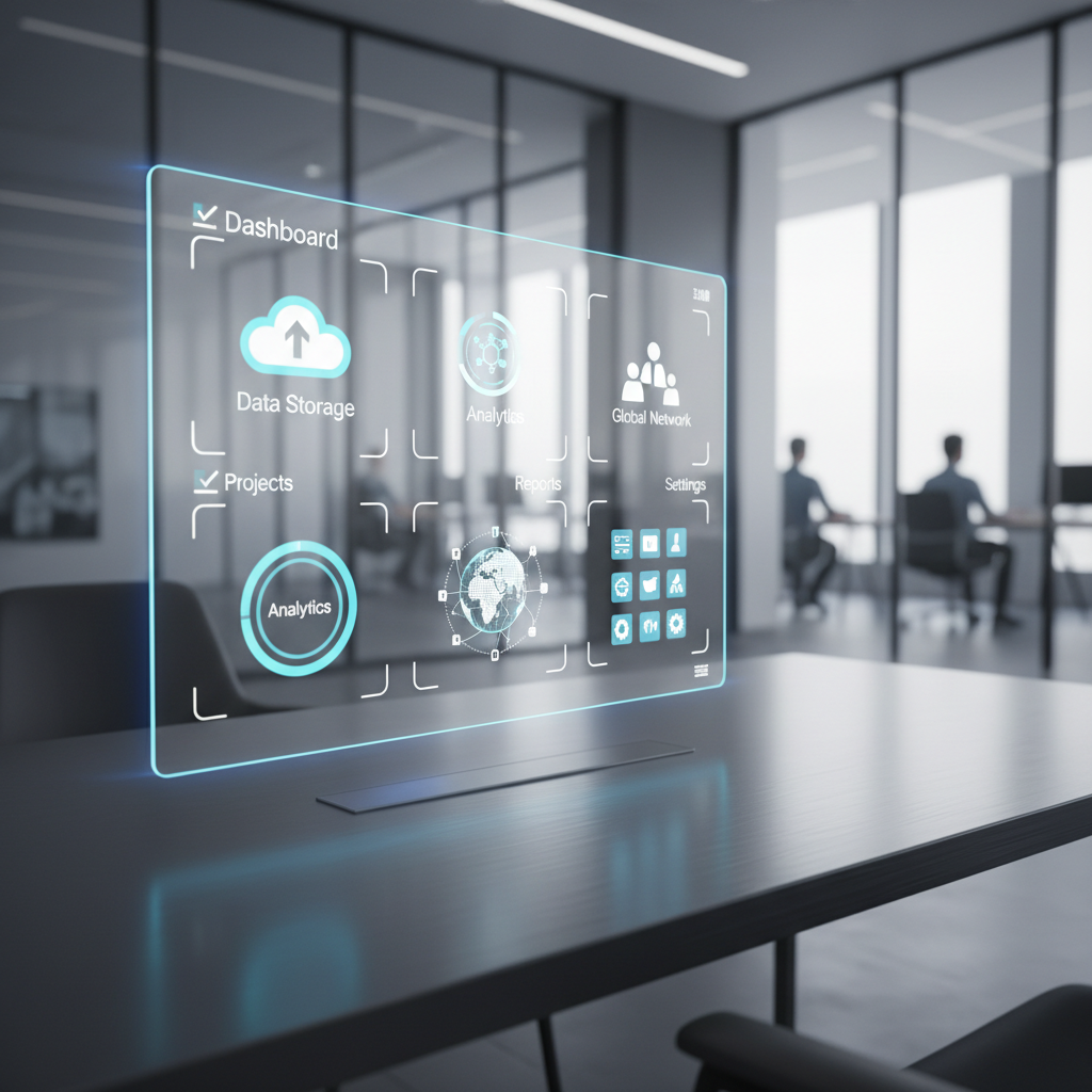 A sleek, transparent touchscreen interface panel, suspended above a matte grey workspace desk crafted from brushed steel, showcasing vibrant digital icons and clean graphical widgets that appear to float above the surface. The background is a softly blurred office environment with geometric architectural lines and glass partitions. Muted white and grey hues dominate, punctuated by subtle blue light glows from the interface. Ambient lighting from high windows creates even, natural illumination, emphasizing clarity and openness. Captured from a slightly elevated angle, rule of thirds composition draws focus to the interactive panel. The atmosphere is forward-looking and insightful, exuding a clean, corporate photographic style perfectly suited to a trusted digital portal’s main page.