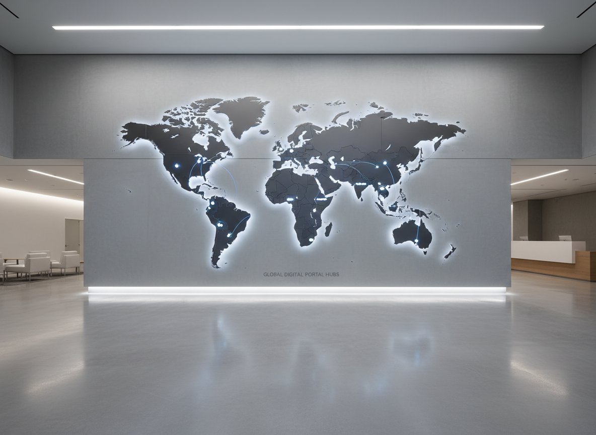 A modern, backlit wall-mounted world map made of matte metal panels with illuminated dots marking key digital portal hubs, conveying a sense of secure, global connection. The map is set in a spacious, neutrally colored corporate lobby where clean geometric shapes and polished concrete floors dominate. Cool, evenly distributed wall-mounted LEDs accentuate the contours of the map and create gentle ambient glow against the walls. Taken from a wide, low-angle shot, the composition emphasizes the breadth and reach of the digital infrastructure. The mood is ambitious and connected, while the image maintains a clean, photographic look with an uncluttered, deliberate layout reflective of international business professionalism.